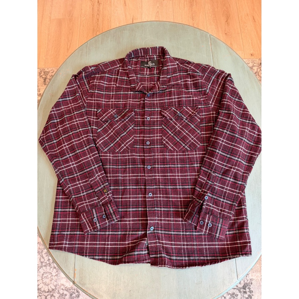 Kenvelo Mens XXL Plaid Button Down Shirt Burgundy Black Flannel Style LS